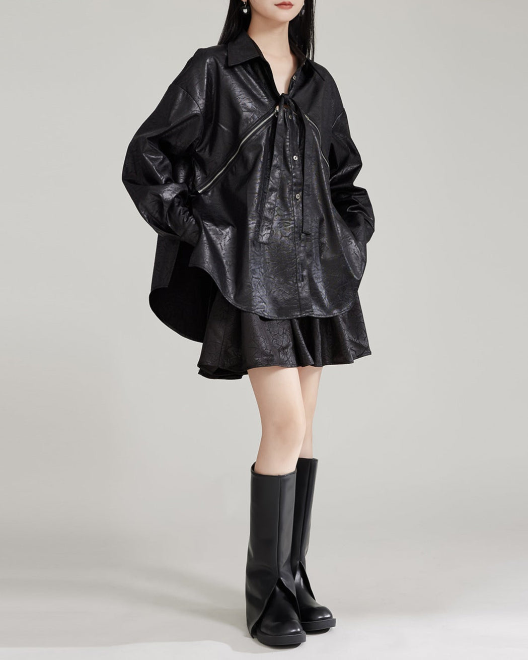 Oversized leather button-up shirt with tie-up detail - Wursy