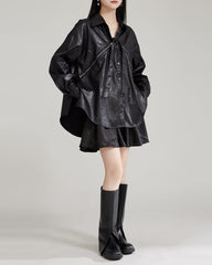 Oversized leather button-up shirt with tie-up detail - Wursy