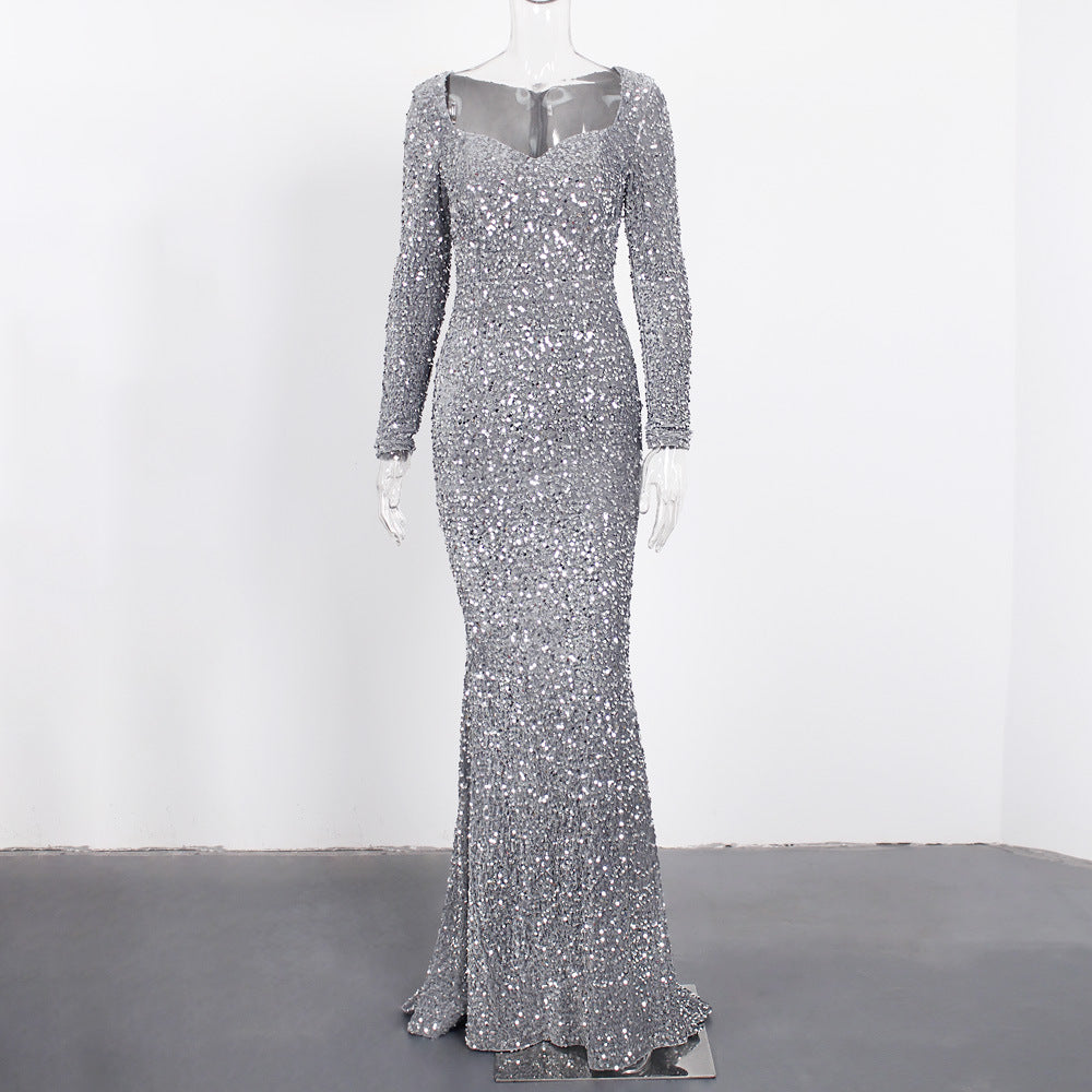 long-sleeve mermaid gown with silver sequins – Tieve