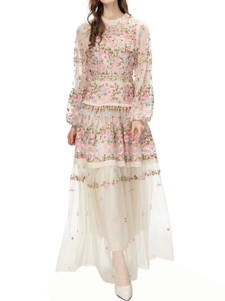 sheer embroidered tulle gown with floral motifs – Fikwesd