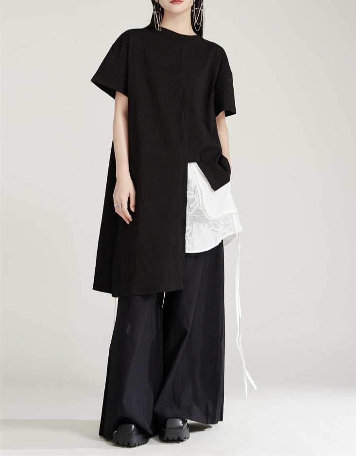 asymmetrical layered T-shirt with chiffon side panel - MAIAZ