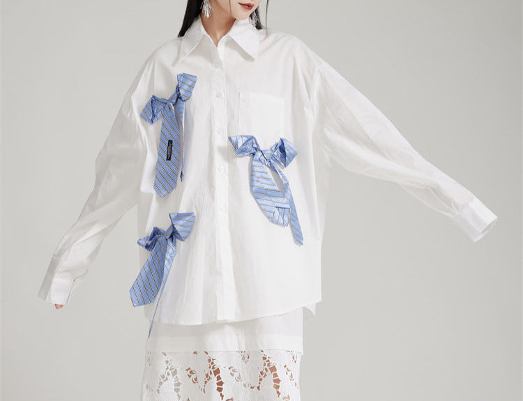 Oversized button-up shirt with striped ribbon accents - Zundi