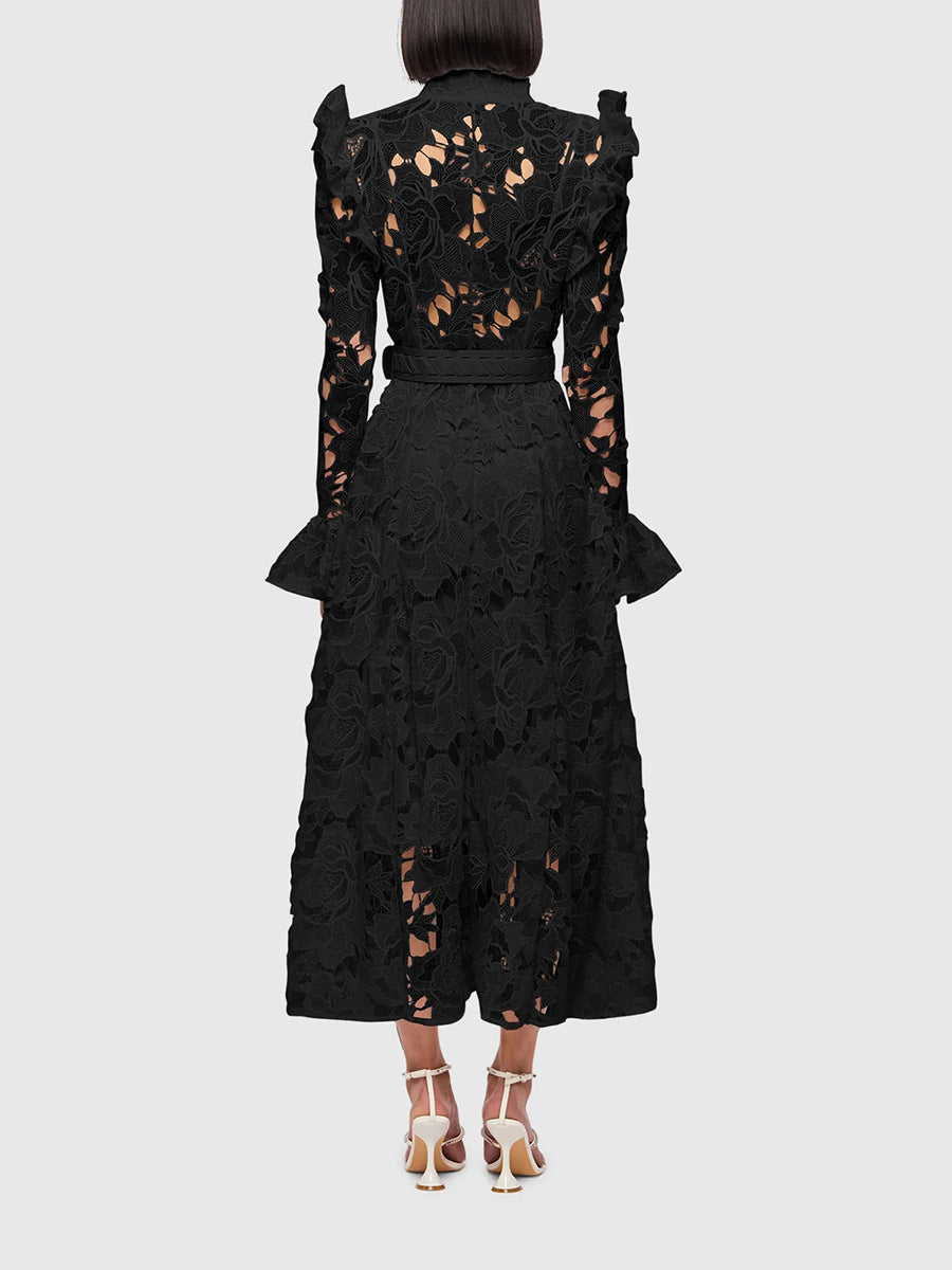 long-sleeve lace midi dress with belt – Tesoro