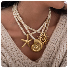 Rope choker necklace with gold sea charms - Simny