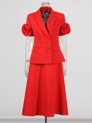 Short-sleeve blazer skirt set with 3D floral sleeves – Senfera