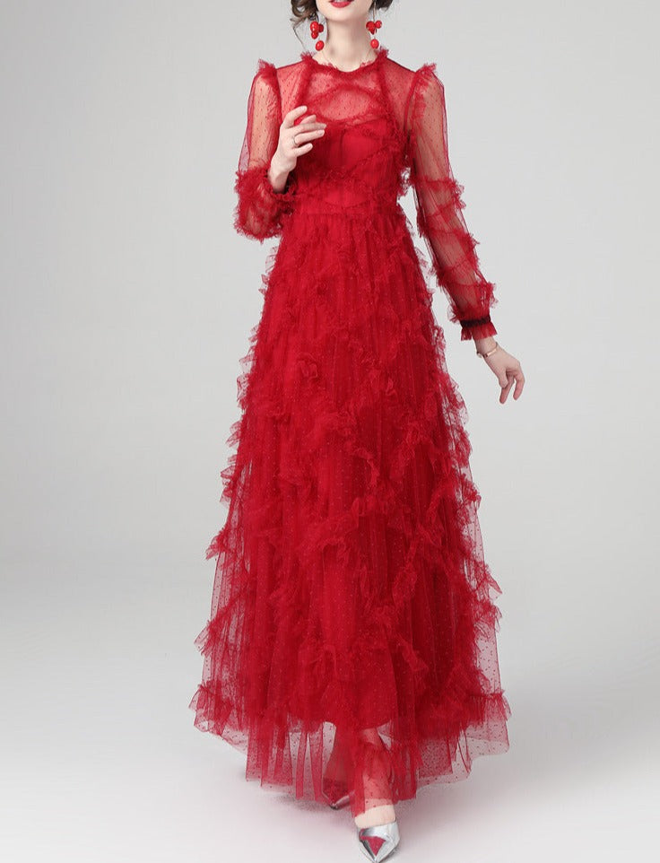 tiered ruffle tulle gown in crimson – Eeshika