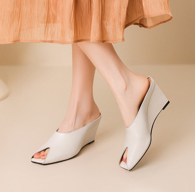 black leather wedge mules with open toe cutout – LUNARA