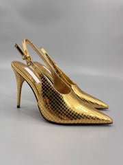 gold snakeskin slingback heels with pointed toe – VERA