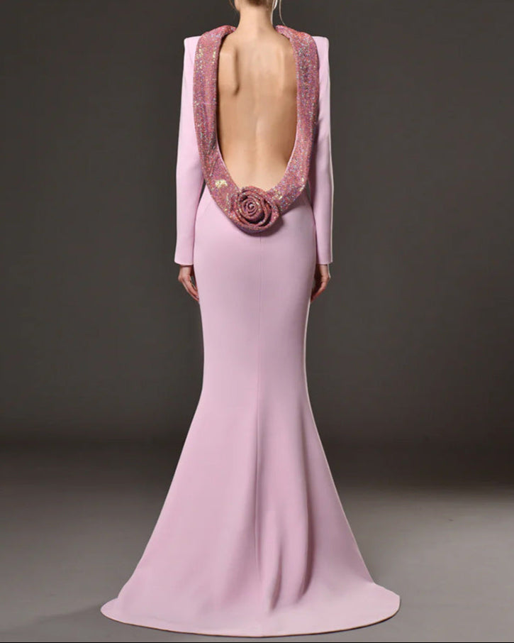 Long-sleeve fitted gown with embellished neckline - Vicruty