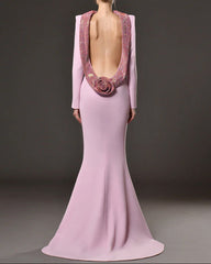 Long-sleeve fitted gown with embellished neckline - Vicruty