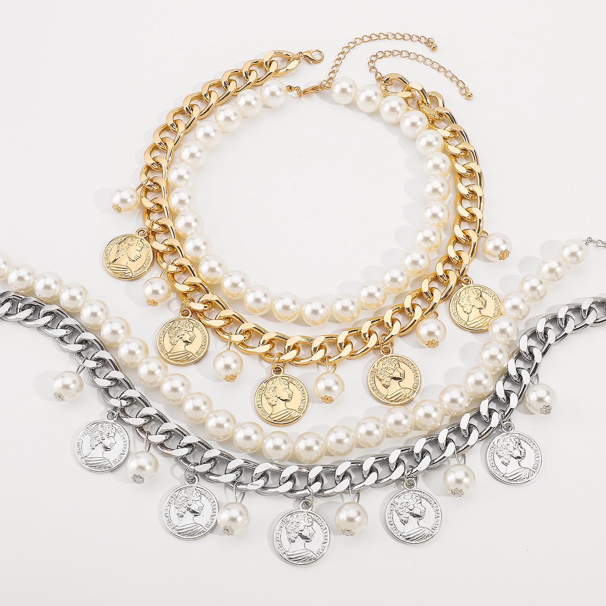 layered pearl chain necklace with coin charms - ROMAS
