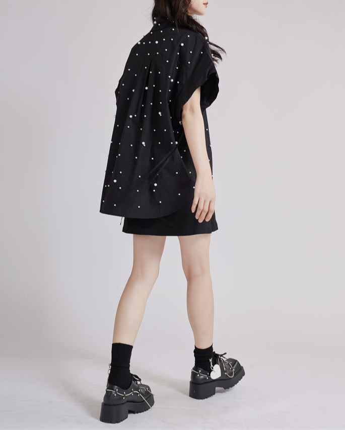 Button-up shirt with ruffled sleeves and embellished neckline - Sirti