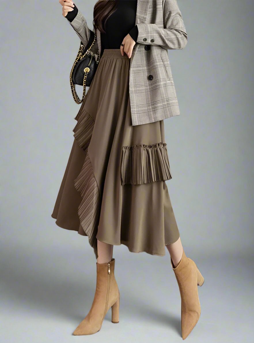 asymmetrical midi skirt with pleated ruffle trim - Firouzeh