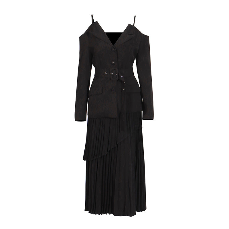 Off-shoulder belted blazer with pleated skirt - Atiju