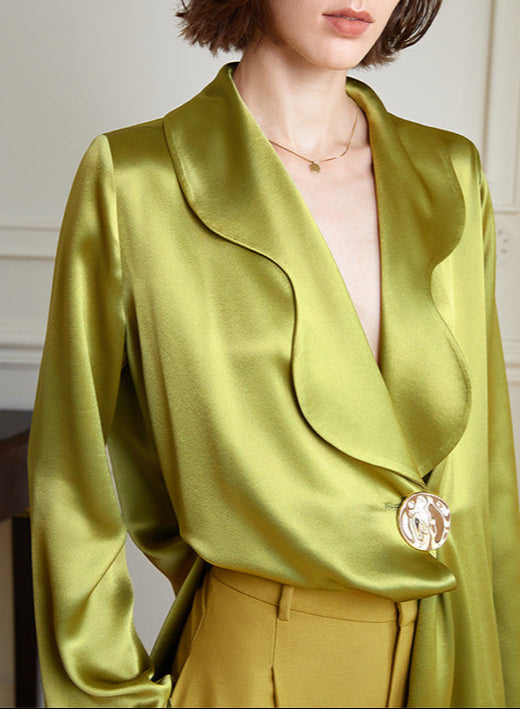 Long-sleeve satin wrap blouse with circular button - Mikli