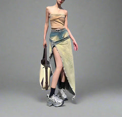 distressed denim maxi skirt with raw slit - Balthah