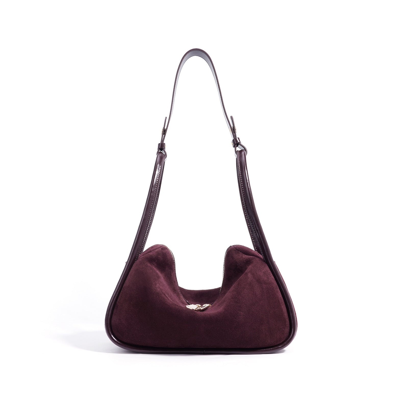 curved suede shoulder bag with gold twist lock – VIOLETTE