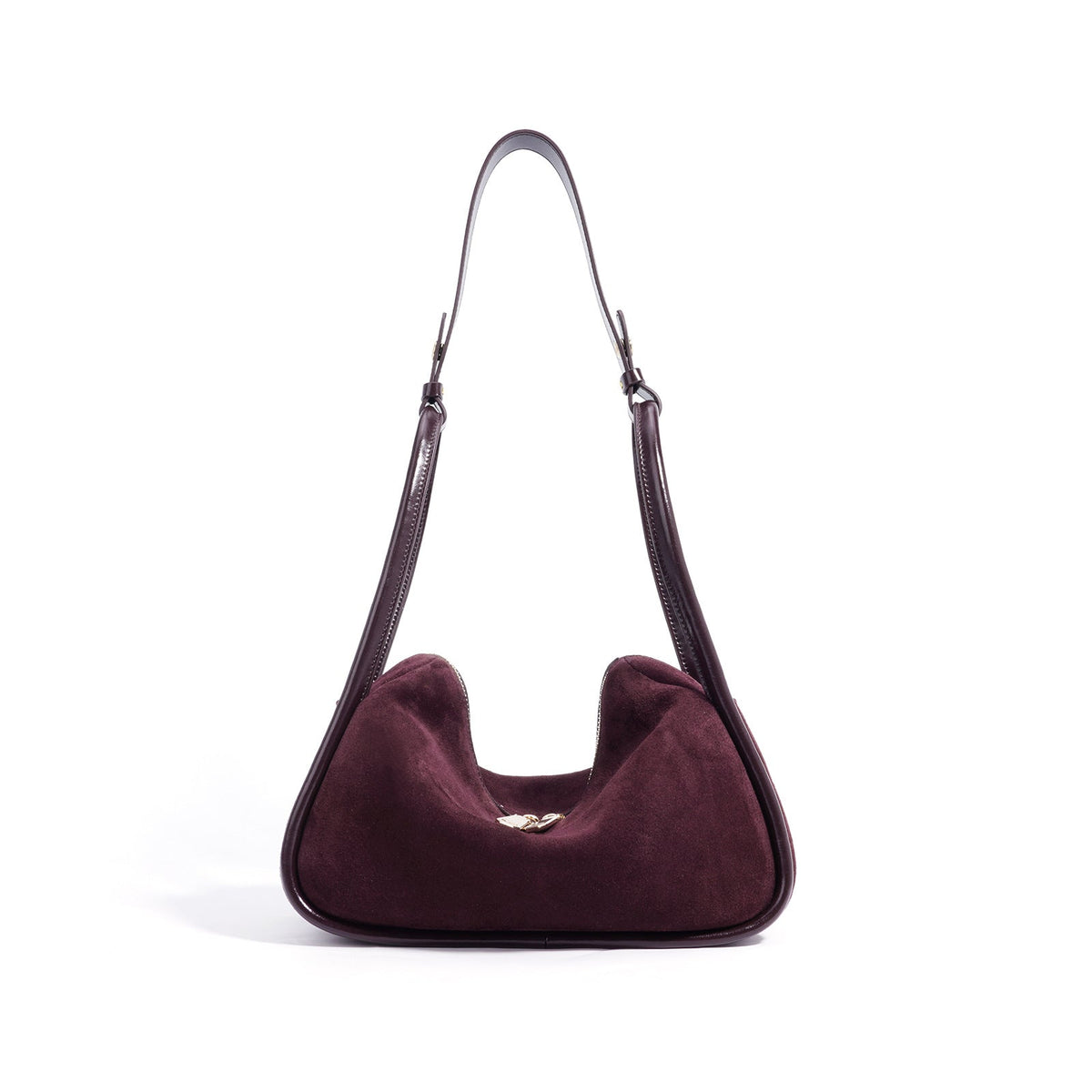 curved suede shoulder bag with gold twist lock – VIOLETTE