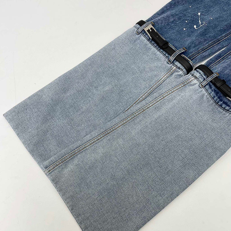 paint splatter wide-leg jeans with layered cuff detail - Aanada