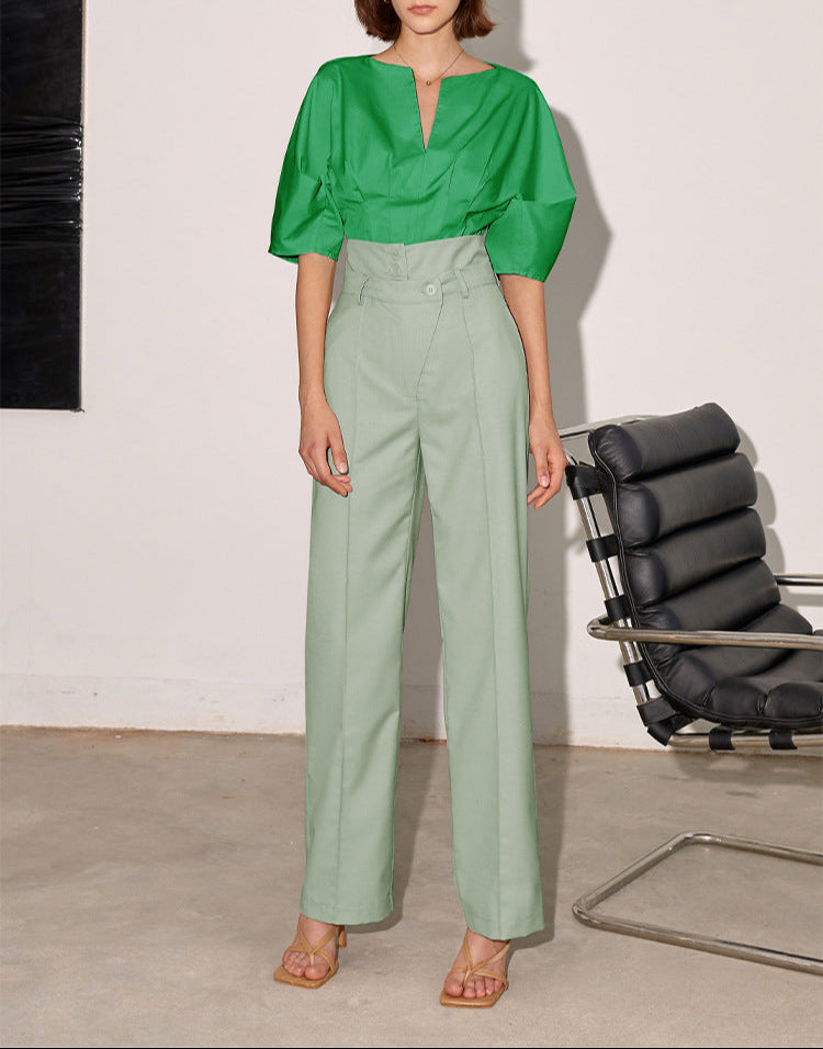 V-neck blouse with gathered half sleeves - Serwu