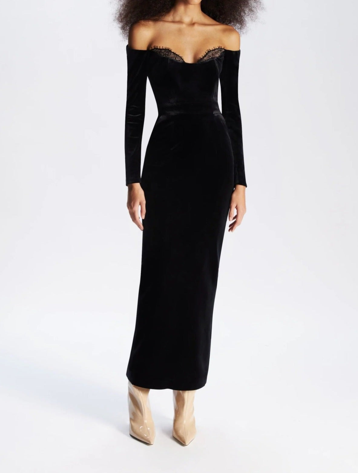 Off-shoulder velvet midi dress with lace trim – Gergana