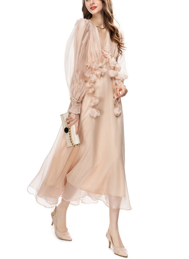 organza midi dress with 3D floral appliqués – Bahira