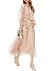 chiffon midi dress with 3D floral appliqué – Eelinwe