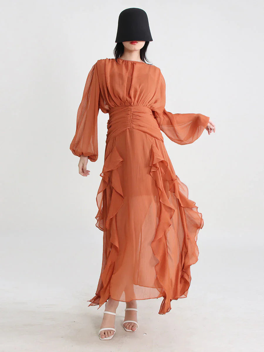 sheer ruffle-trim gown with draped bodice – Aanakec