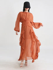 sheer ruffle-trim gown with draped bodice – Aanakec