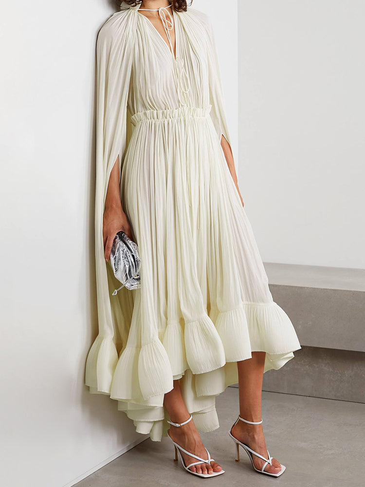 pleated cape-sleeve midi dress with ruffle hem – Aanjkvc