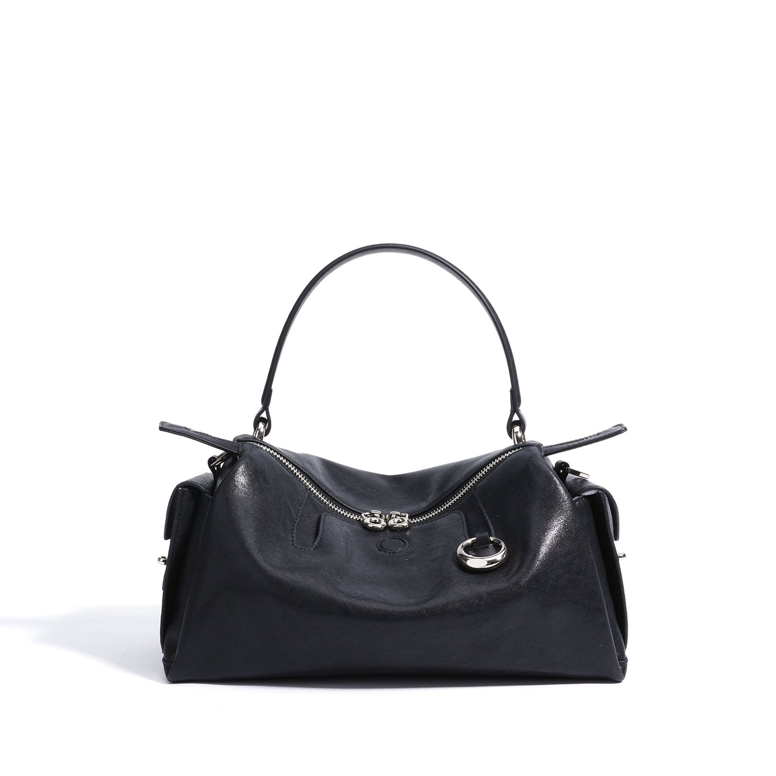 soft-structured zip satchel with curved handle - LUNETRE