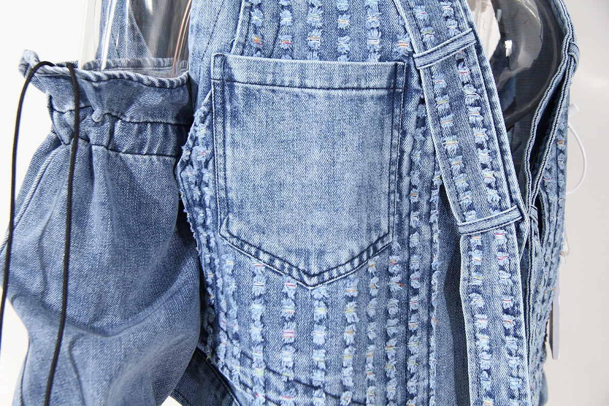 cold-shoulder embellished denim jacket with gathered sleeves – Klaew Kla