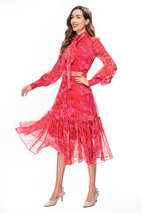 high-neck chiffon midi dress with ruched sleeves – YTAGR