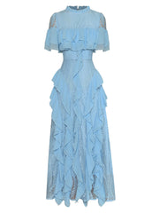 high-neck lace gown with cascading ruffles – Aanewxc