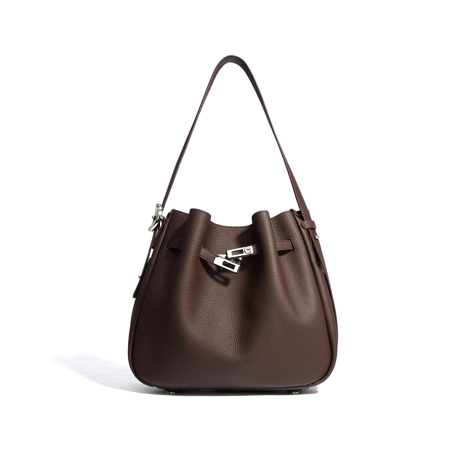 textured leather bucket bag with turn-lock strap – CAMELIA