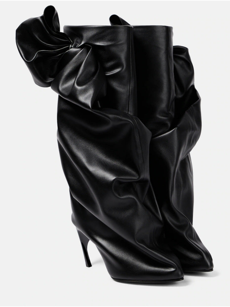 ruched faux leather boots with sculpted arch heels – NOIRÉA