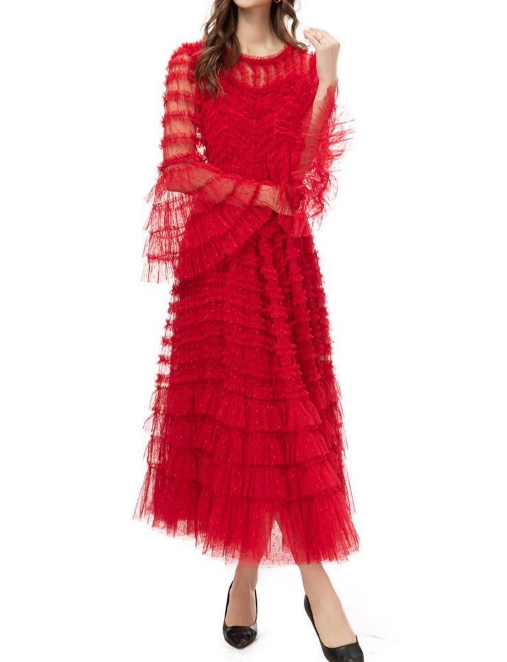 tiered ruffle tulle midi dress in monochrome – Ereshva