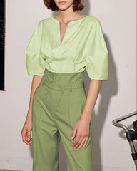 V-neck blouse with gathered half sleeves - Serwu