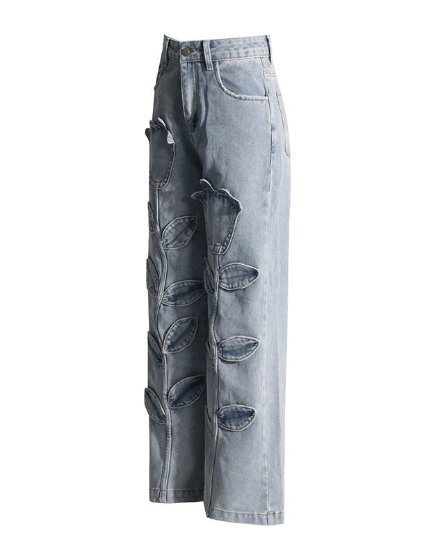 High-waisted denim pants with floral embroidery - Fusni