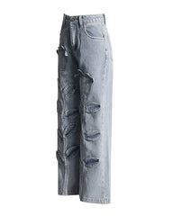High-waisted denim pants with floral embroidery - Fusni