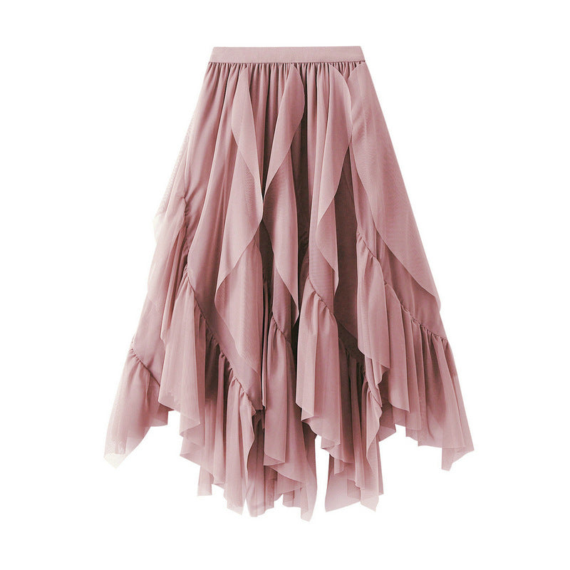 Asymmetrical ruffled mesh skirt with waterfall layers – Apilu