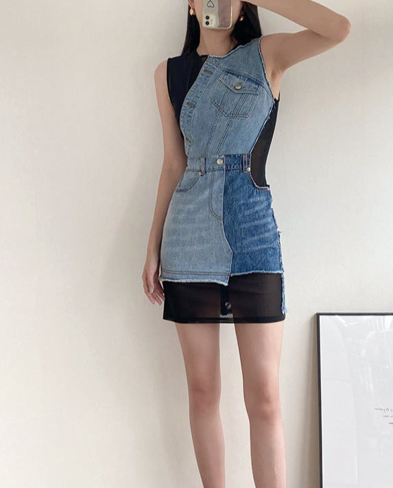 sleeveless mesh mini dress with denim patchwork – Tamela
