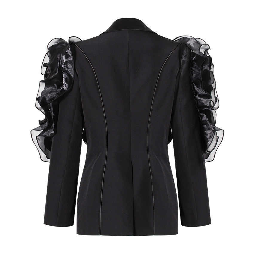 ruffled organza sleeve blazer with deep satin lapel - Jermien