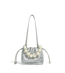 metallic drawstring shoulder bag with pearl handle – OLIVE