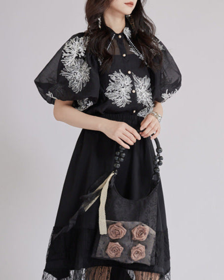 Puff sleeve blouse with floral embroidery - Kirtu