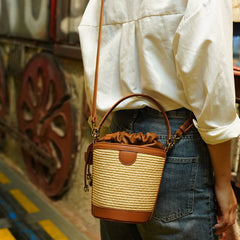 straw bucket bag with leather drawstring top – CARMEL