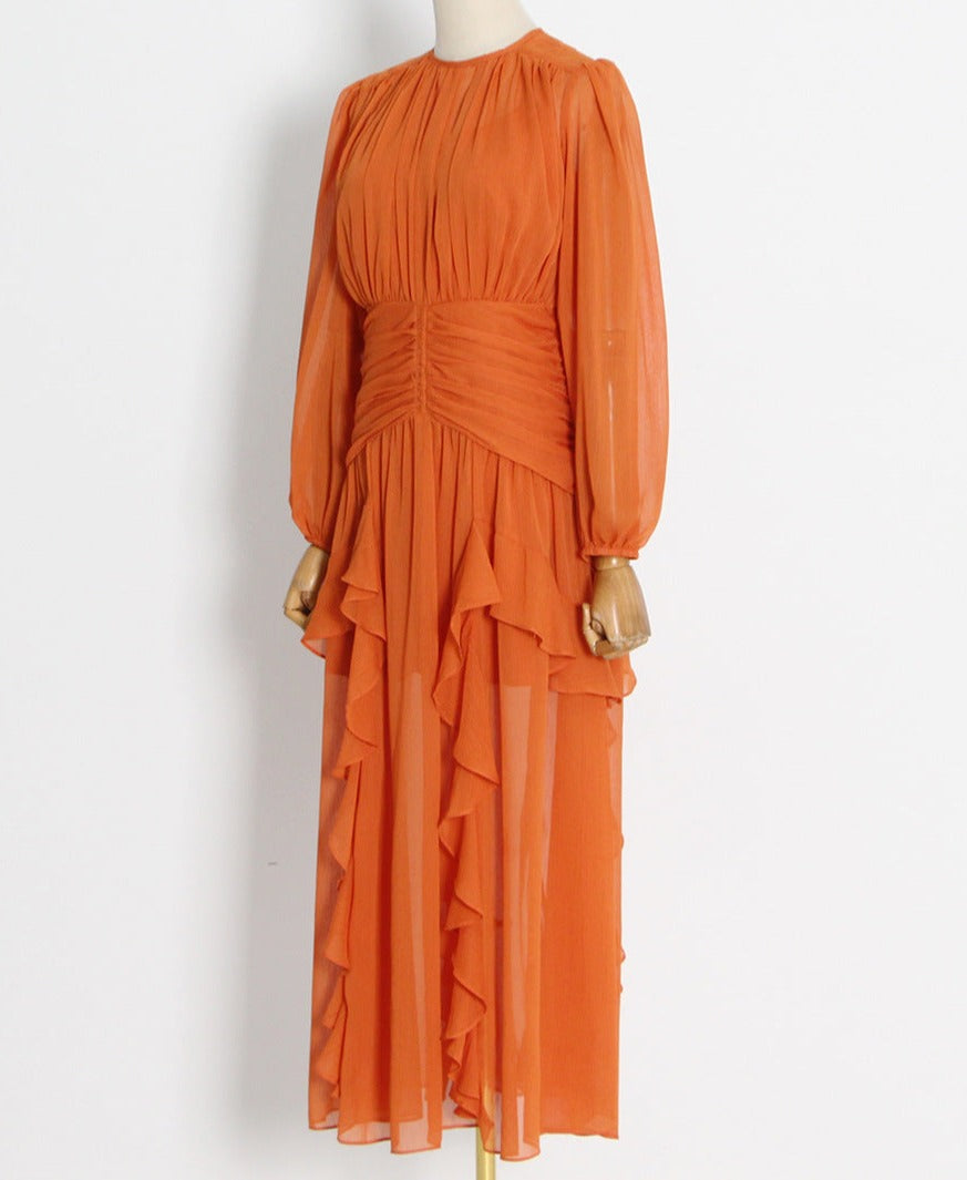 sheer ruffle-trim gown with draped bodice – Aanakec