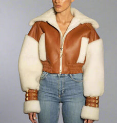 cropped leather and faux shearling hooded jacket - Joolie