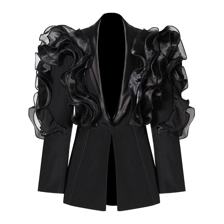 ruffled organza sleeve blazer with deep satin lapel - Jermien