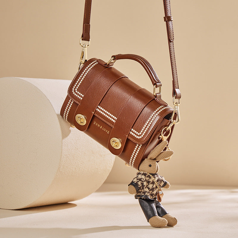 pearl-trim leather satchel with double clasp & bunny charm – COCOA